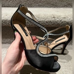Black satin heel with rhinestone detailing